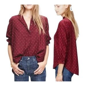 Madewell Oversized Comfy 100% Cotton Shirred Microdot Peasant Shirt Marron sz S
